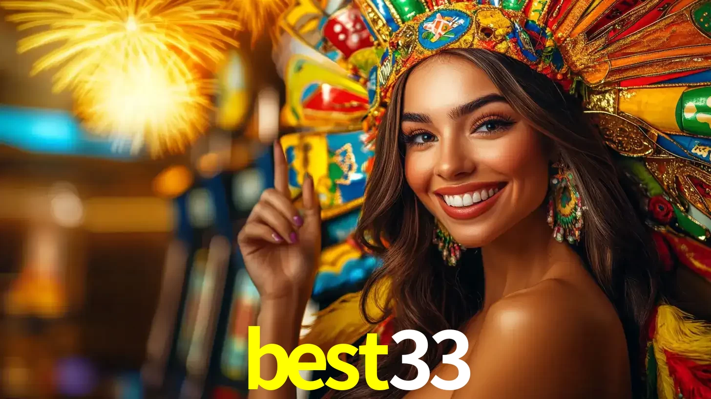 Mulher sorridente com um cocar de carnaval vibrante e colorido, celebrando uma grande vitória nos jogos do cassino best33 com fogos de artifício ao fundo.