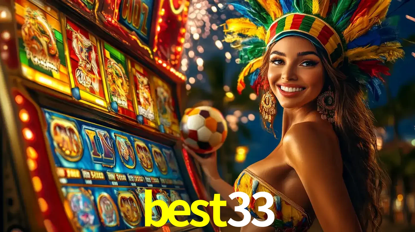 Mulher com um cocar de carnaval ao lado de uma máquina de caça-níqueis enquanto segura uma bola de futebol, mostrando a união da diversão de cassino e esportes no best33.