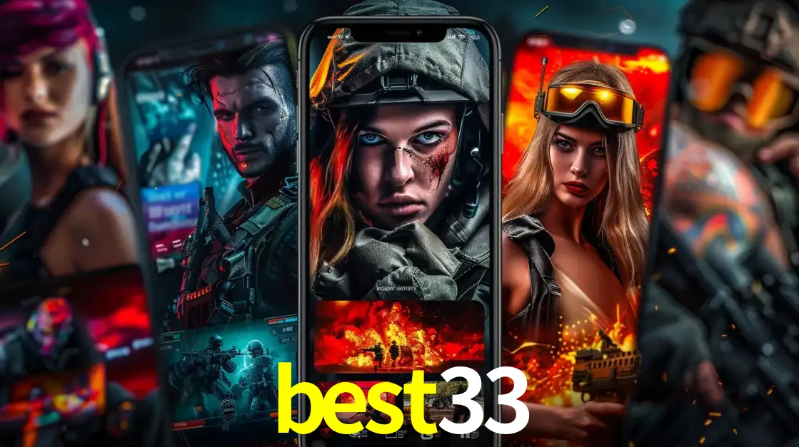 Montagem de telas de celular mostrando diversos personagens, masculinos e femininos, de um jogo de tiro, ilustrando a diversidade de equipes de e-sports para apostar no best33.