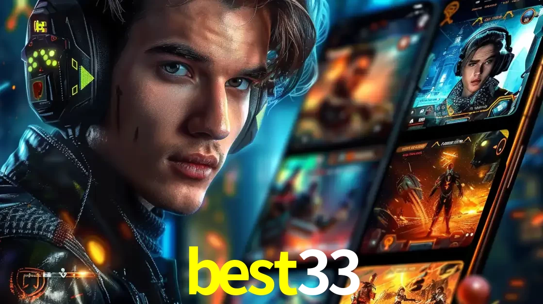 Jovem jogador com fones de ouvido olhando para a câmera, com um aplicativo de jogos e e-sports para celular ao fundo, pronto para a competição e apostas no best33.