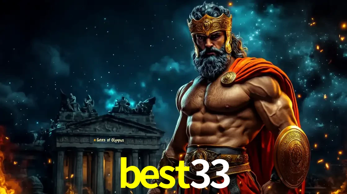O poderoso Zeus do jogo de slot Gates of Olympus em frente ao seu templo, pronto para lançar multiplicadores divinos e prêmios épicos no cassino online best33.