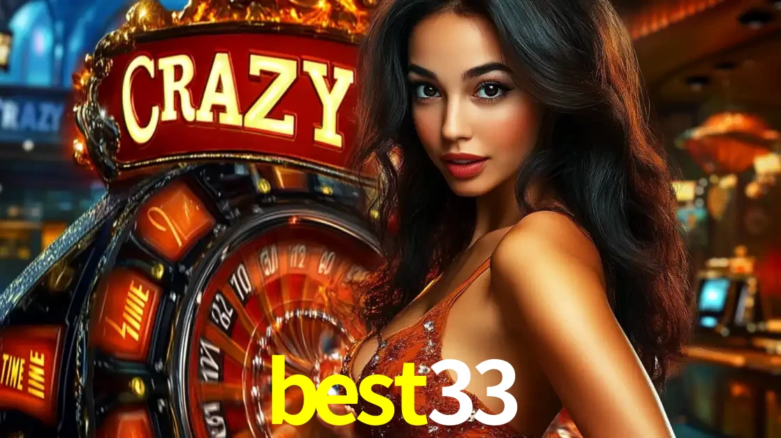 Mulher glamourosa olhando para a câmera com a roda vermelha do Crazy Time ao fundo em um ambiente de cassino, destacando a emoção dos jogos ao vivo no best33.