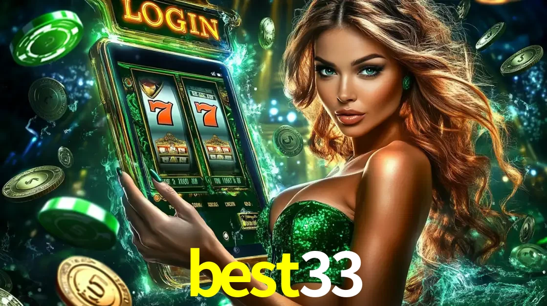 Mulher com tema verde apresentando o aplicativo do cassino best33 com um jogo de slot de 777, cercada por fichas de cassino e uma aura de sorte.