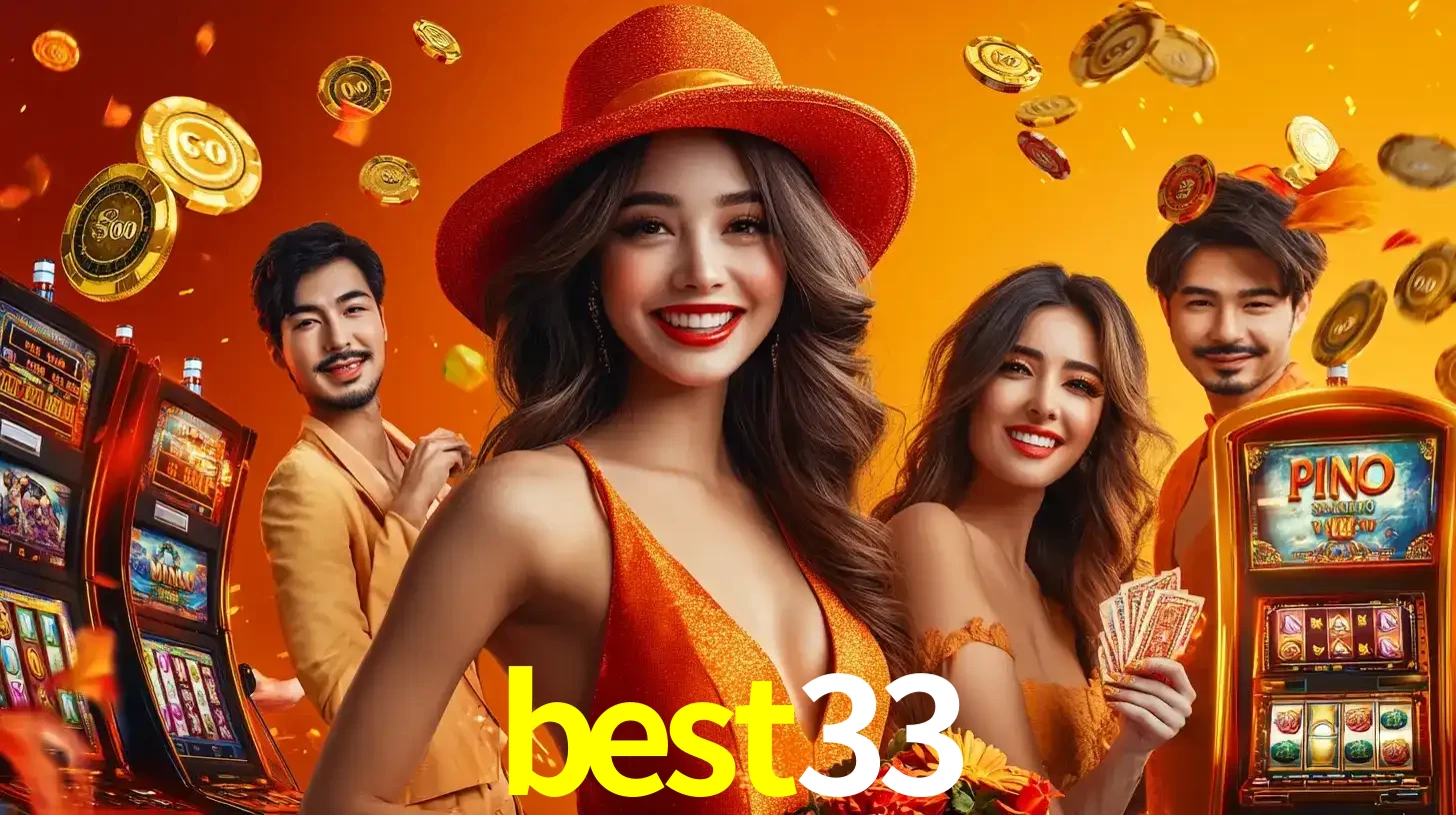 Grupo de amigos asiáticos sorrindo e se divertindo com máquinas de caça-níqueis em um ambiente festivo, celebrando suas vitórias nos jogos de cassino do best33.