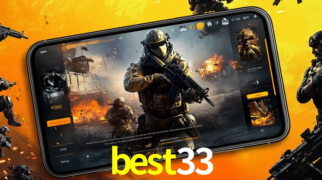 Um smartphone exibindo a interface de um jogo de tiro em primeira pessoa, com um soldado em um cenário de batalha, representando a ação dos e-sports para apostar no best33.