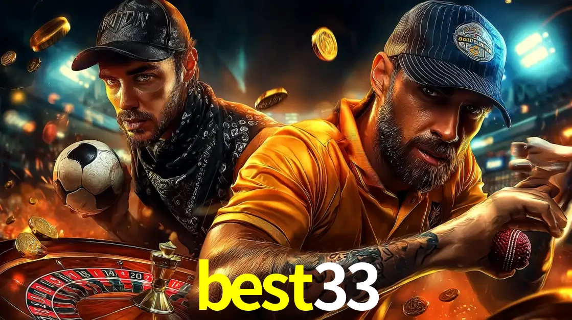 Montagem de apostas esportivas e cassino no best33, com um homem segurando uma bola de futebol e outro uma de beisebol sobre uma roleta e moedas voadoras.