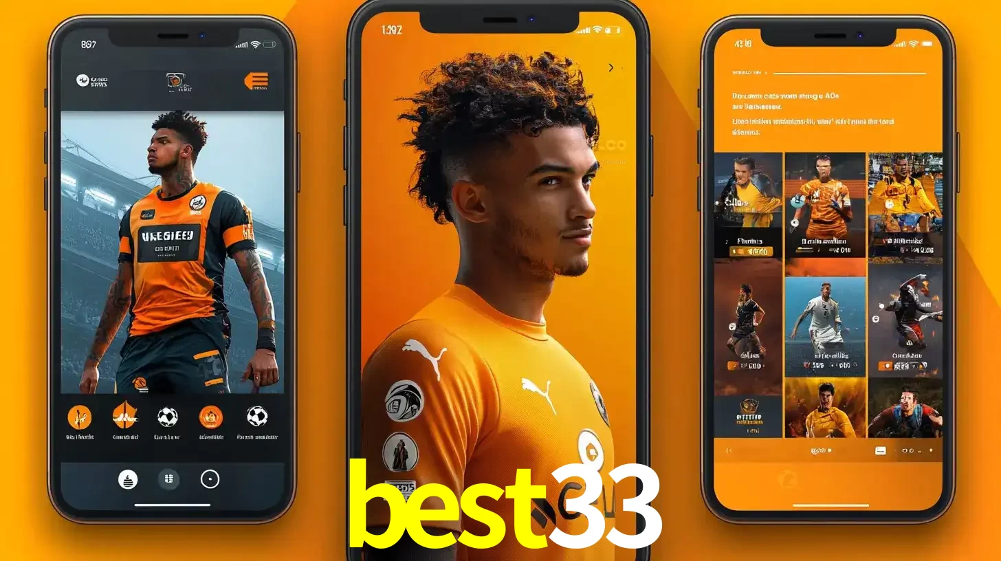 Interface do aplicativo de apostas esportivas best33 em três telas de celular, mostrando o perfil de um jogador de futebol e a lista de jogos disponíveis para apostar.