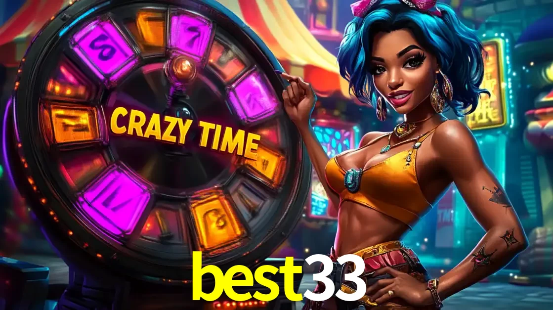 Mulher estilizada com cabelo azul e visual vibrante posando ao lado da roda de prêmios do game show Crazy Time, convidando para a diversão e os bônus do cassino best33.