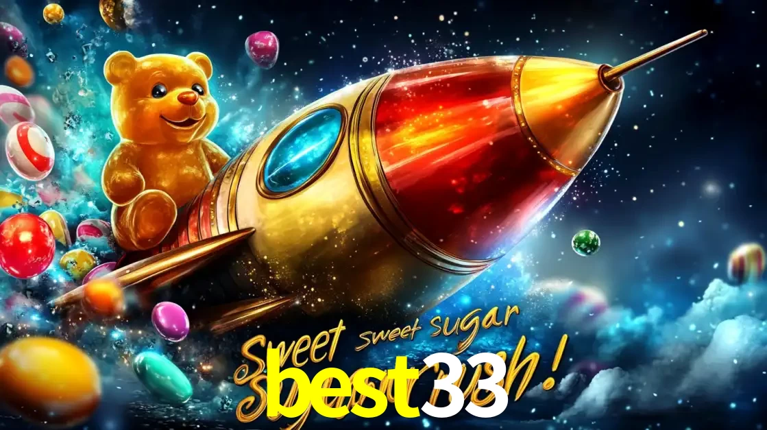 Arte promocional do jogo de slot Sugar Rush, com um urso de pelúcia em um foguete viajando pelo espaço de doces, um dos jogos divertidos disponíveis no cassino best33.