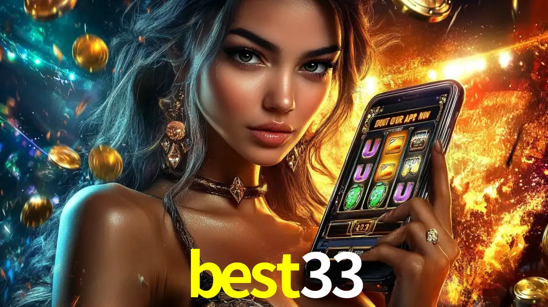 Mulher elegante mostrando um jogo de caça-níqueis em seu smartphone, destacando a experiência de cassino móvel oferecida pelo aplicativo best33.