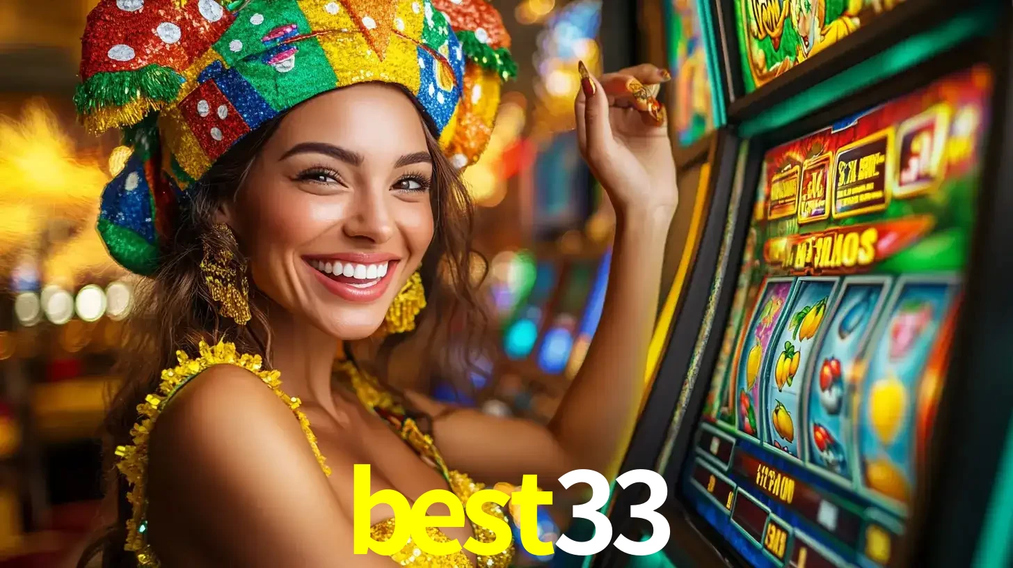 Mulher feliz com traje de carnaval amarelo e colorido ao lado de uma máquina de caça-níqueis, aproveitando a diversão e os jogos temáticos do cassino best33.