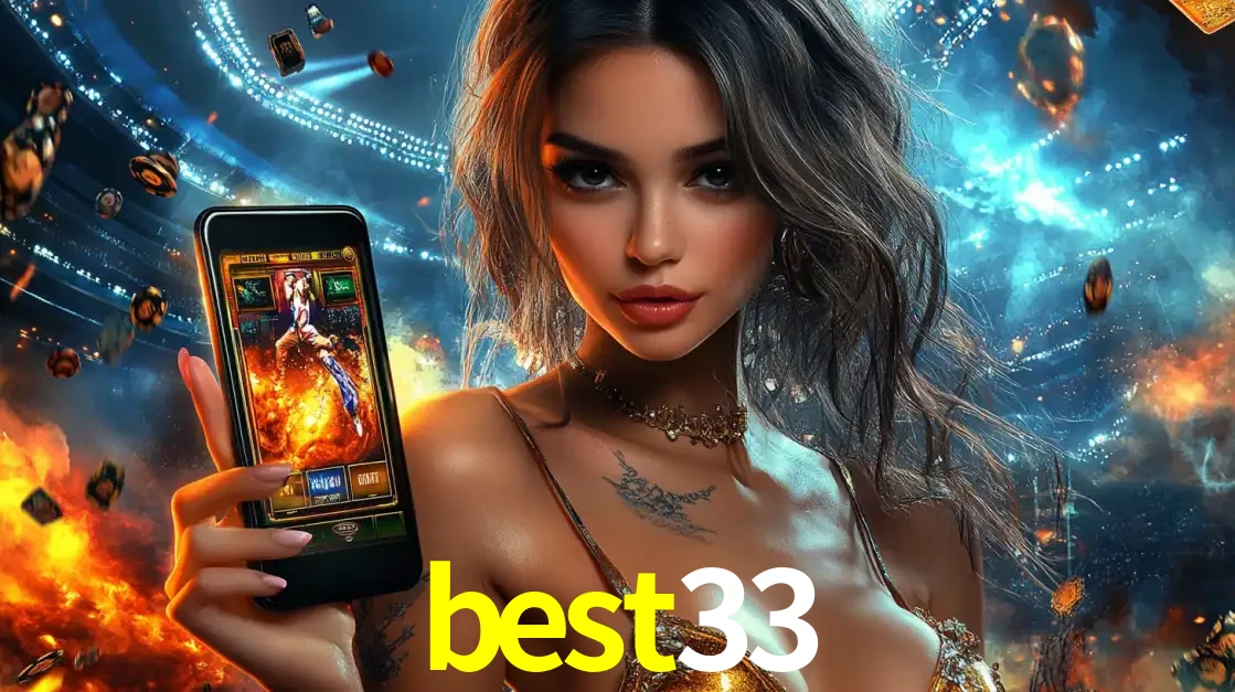 Mulher segurando um celular com um jogo de slot em destaque, tendo como fundo um estádio vibrante, simbolizando a emoção de jogar no cassino móvel best33.
