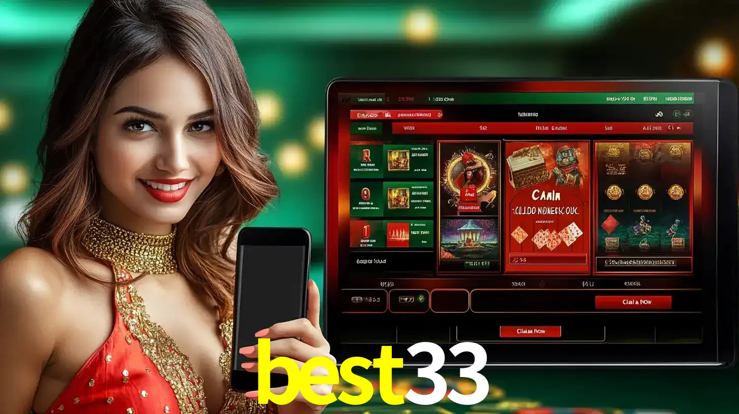 Mulher sorridente segurando um smartphone, ao lado de uma tela exibindo o lobby de jogos do cassino online best33, com várias opções de jogos de cartas e slots.